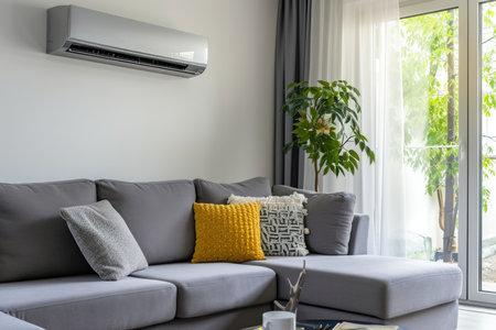 Modern air conditioning on the wall in the room with a gray sofa in the living roomの素材