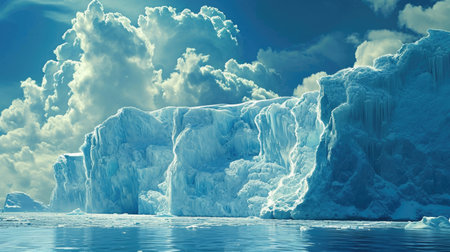 A serene iceberg bathed in the warm glow of a sunset, surrounded by tranquil watersの素材
