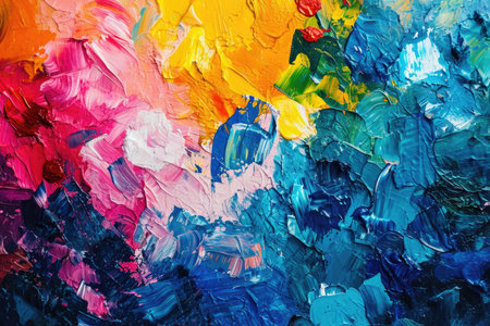 Close-up of a vibrant, textured oil painting with colorful strokesの素材