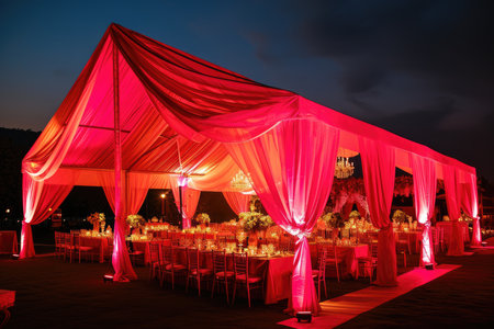 Wedding tent at night red and pink colorの素材