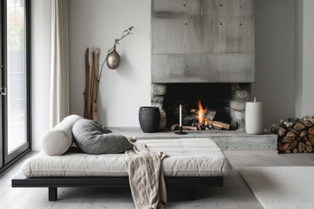 A minimalist living space with a sleek concrete fireplace and comfortable daybedの素材