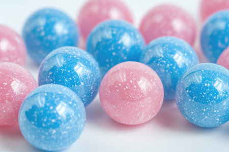 Abstract composition of candy-like spheres floating on a pink backdropの素材