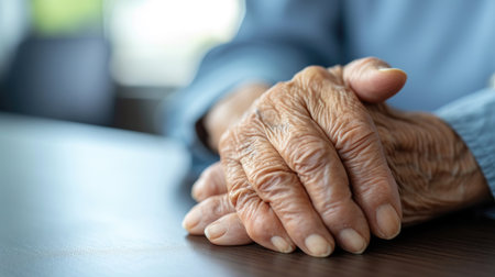 A poignant image of aged hands clasped together, symbolizing a lifetime of experiencesの素材