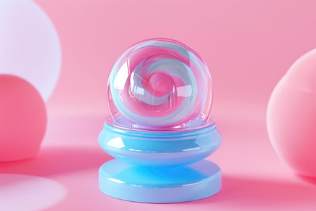 Abstract pink and blue swirled glass orb sitting on a matching blue standの素材