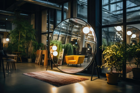 A round large growth mirror stands in the officeの素材
