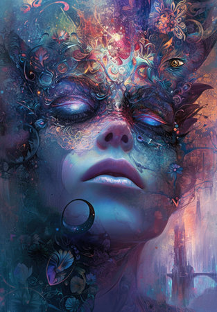 Surreal portrait of a face with vibrant organic and fantasy embellishmentsの素材