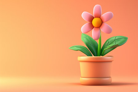 A 3D-rendered pink flower in a pot against a warm orange backgroundの素材