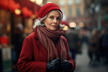 Graceful mature woman with a stylish red hat and coat in a cityの素材