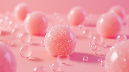 Close-up of sparkling orange candies dusted with sugar on a pink surfaceの素材