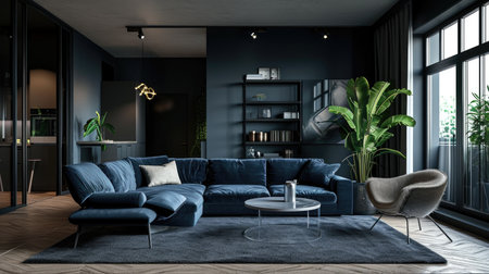 A dark blue sofa in a Scandinavian apartment with a painting. Interior design of a modern living roomの素材