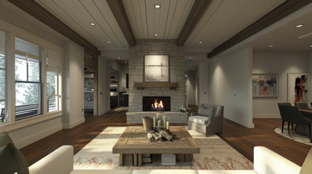 Spacious living room featuring a contemporary fireplace and cozy decorの素材