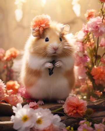 Cute hamster with a black tie and a flower crown sitting among pink blossomsの素材