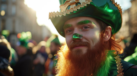 Joyful bearded man dressed as leprechaun celebrating at a festive parade. Feast of St. Patrickの素材