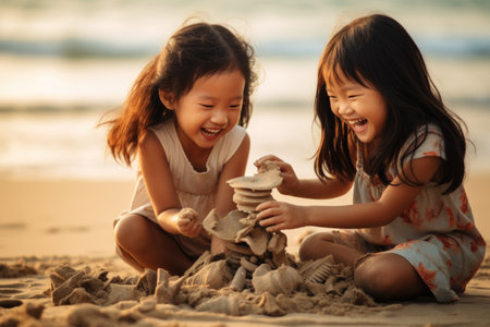 Two young sisters laugh as they play with sand on a sunny beachの素材