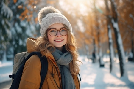 Cheerful young woman in stylish winter attire outdoorsの素材