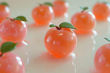 Shiny red apples with leaves, styled on a reflective white surfaceの素材
