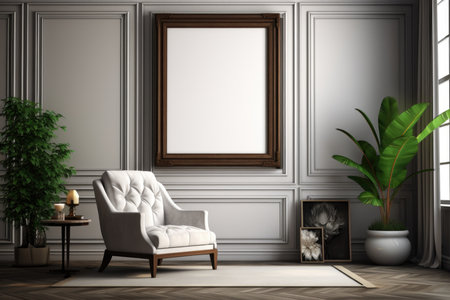 Luxurious interior design featuring an armchair, plants, and a vintage frameの素材