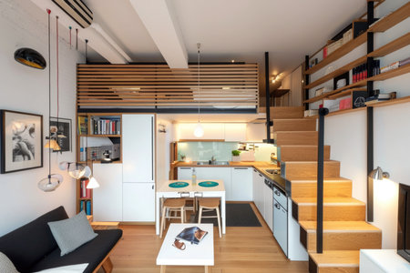 Stylish modern kitchen with wooden stairs and shelves in a bright interiorの素材