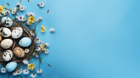 Colorful Easter eggs nestled in a nest among daisies on a vibrant blue backgroundの素材