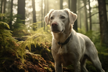 White Labrador retriever in sunlit forest, looking attentiveの素材