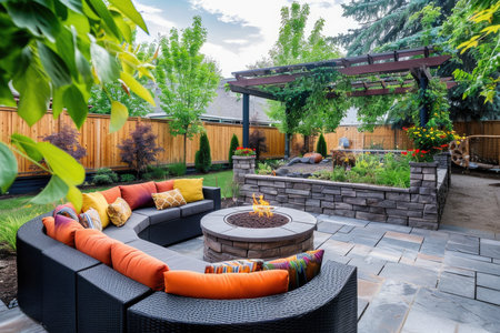 An elegant outdoor seating area with a fire pit, at twilightの素材