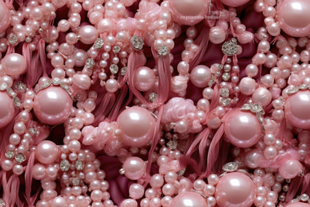 Close-up of pink pearls and gems entwined with ribbonsの素材