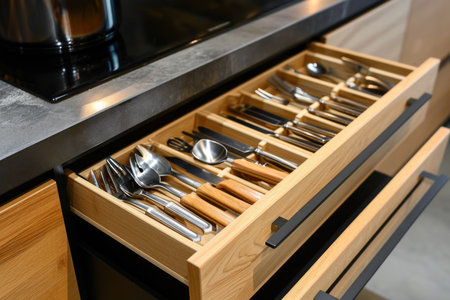Open kitchen drawer with cutleryの素材
