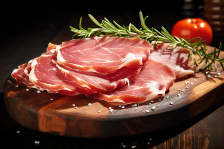 Sliced cured ham with rosemary and tomatoes on dark woodの素材
