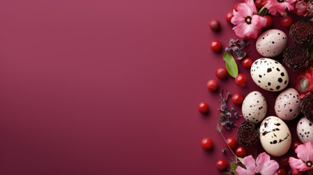 Easter Eggs and Flowers on Maroon Backgroundの素材