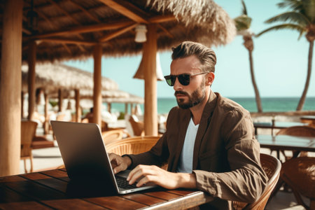 A stylish man using a laptop at a beachside cafe under palm treesの素材