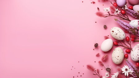 Decorative Easter eggs with spring blossoms on a soft pink surfaceの素材