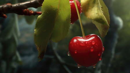 Close-up of a fresh red cherry with dew drops, hanging on a treeの素材