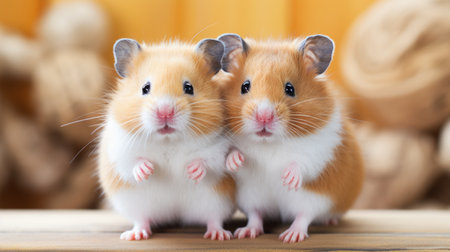 Two identical hamsters on a warm wooden background, looking curious and cuteの素材