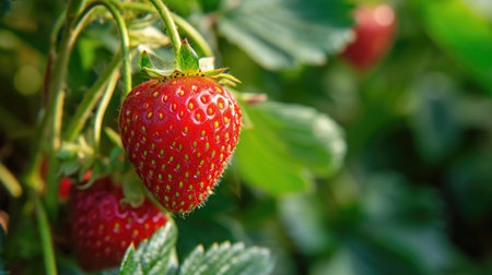 Ripe strawberries growing on a bushの素材