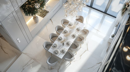 Modern dining room adorned with Christmas decorations and elegant table settingの素材