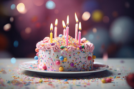 Colorful birthday cake with lit candles and festive decorationsの素材