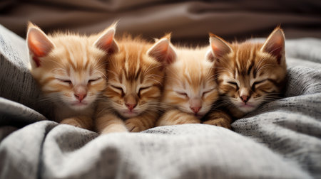 A group of kittens sleeping on a bed in a plaidの素材