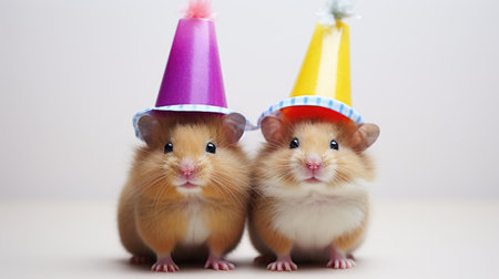 Two hamsters celebrating in vibrant party hats on a neutral backgroundの素材