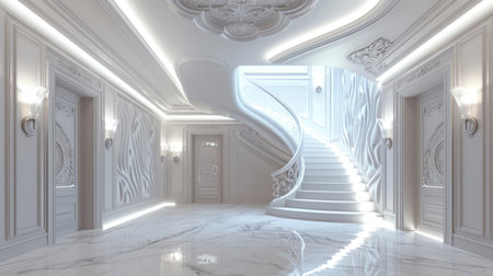 Luxurious white spiral staircase in a contemporary interior with ornate details and sunlightの素材