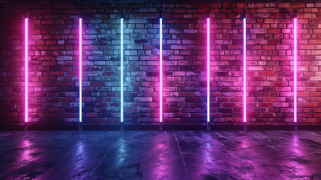 Colorful neon lights creating a dynamic atmosphere on a textured brick wallの素材