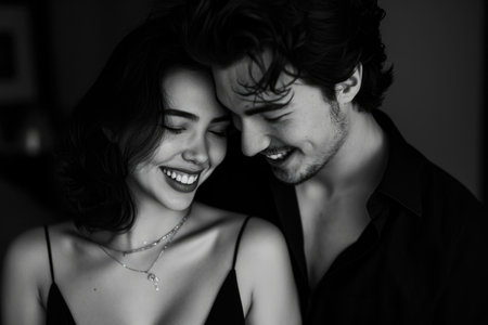 Black and white image of a smiling couple in a close, affectionate embraceの素材