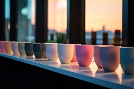 Row of colorful teacups on a ledge against a sunset backdropの素材