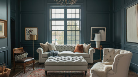 Luxurious living room with classic furniture and large windowの素材