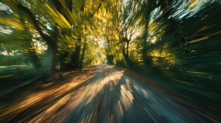 Motion blur effect capturing the sensation of speed along a forest-lined roadの素材