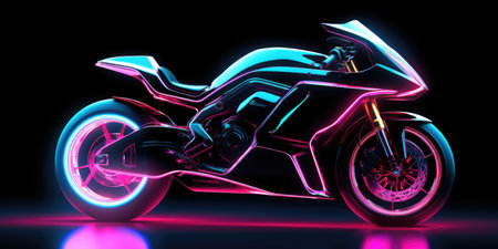Futuristic motorcycle with neon lights in a dark settingの素材