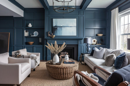 Elegant living room with deep blue walls, chic furniture, and tasteful home decorの素材