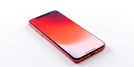 Smartphone with a vibrant red gradient screen on a white surfaceの素材