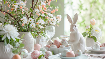 Elegant Easter table setting with a bunny figurine among flowersの素材
