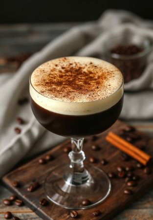 Frothy espresso martini topped with coffee grounds, cinnamon sticks in backgroundの素材