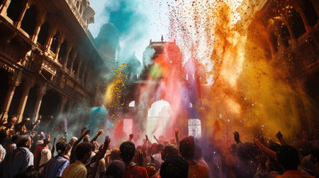 Crowd throwing vibrant colors at Holi festival, temple backgroundの素材